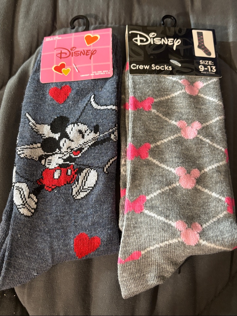 Disney Men’s Crew Socks Gray & Heather Gray With Pink And Red Accents